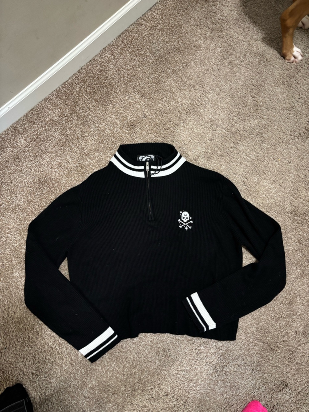 Killstar Black Cropped Zip-Neck Sweater with White Stripe Accents - Picture 3 of 6